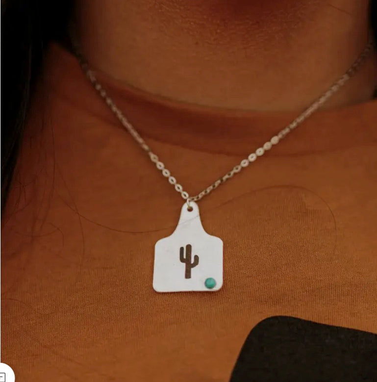 🌵 Cactus Turquoise Tag Necklace – Western Jewelry