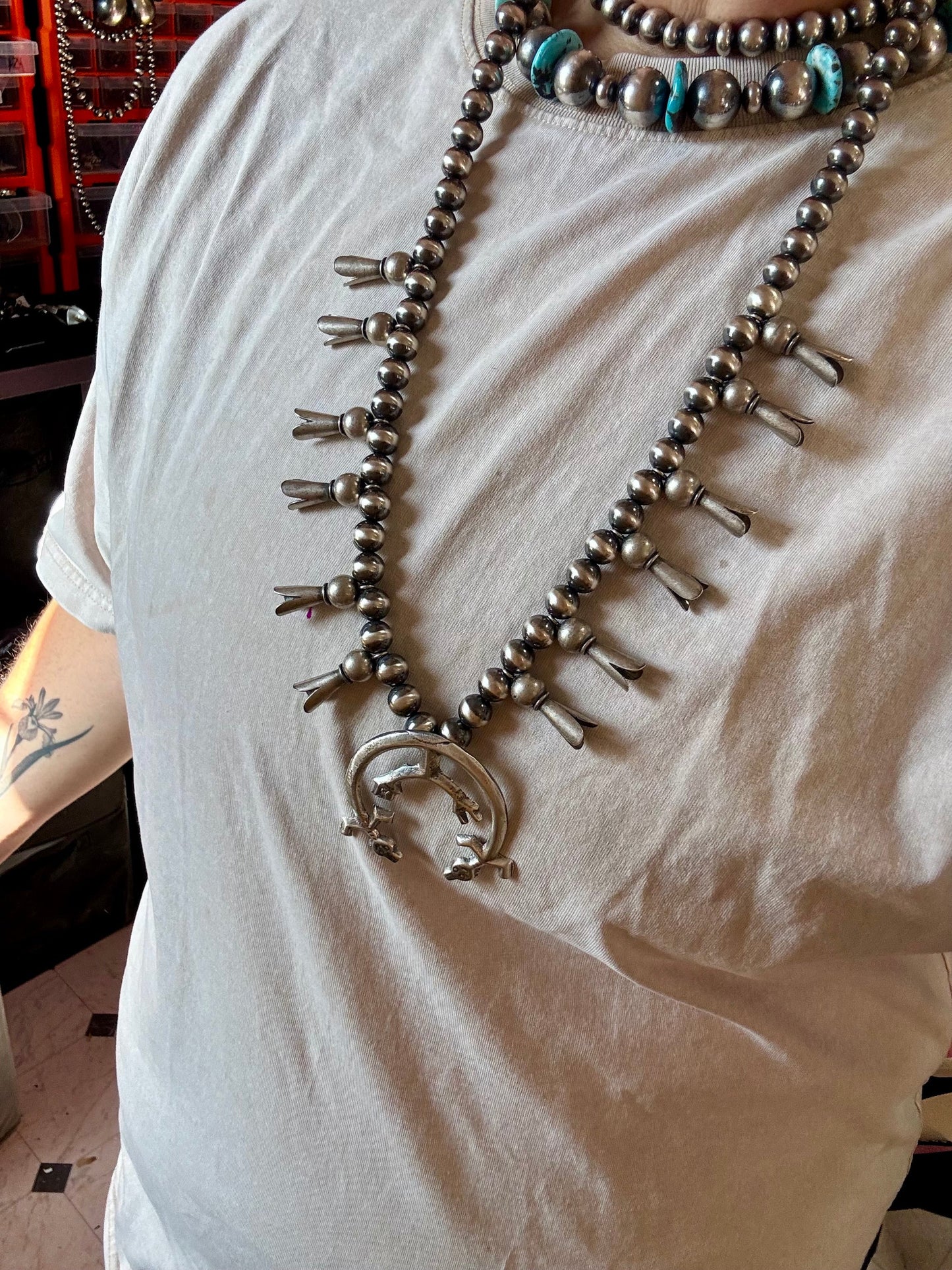 Squash Blossom–Style Necklace – Sterling Silver – 10mm Beads – 30"