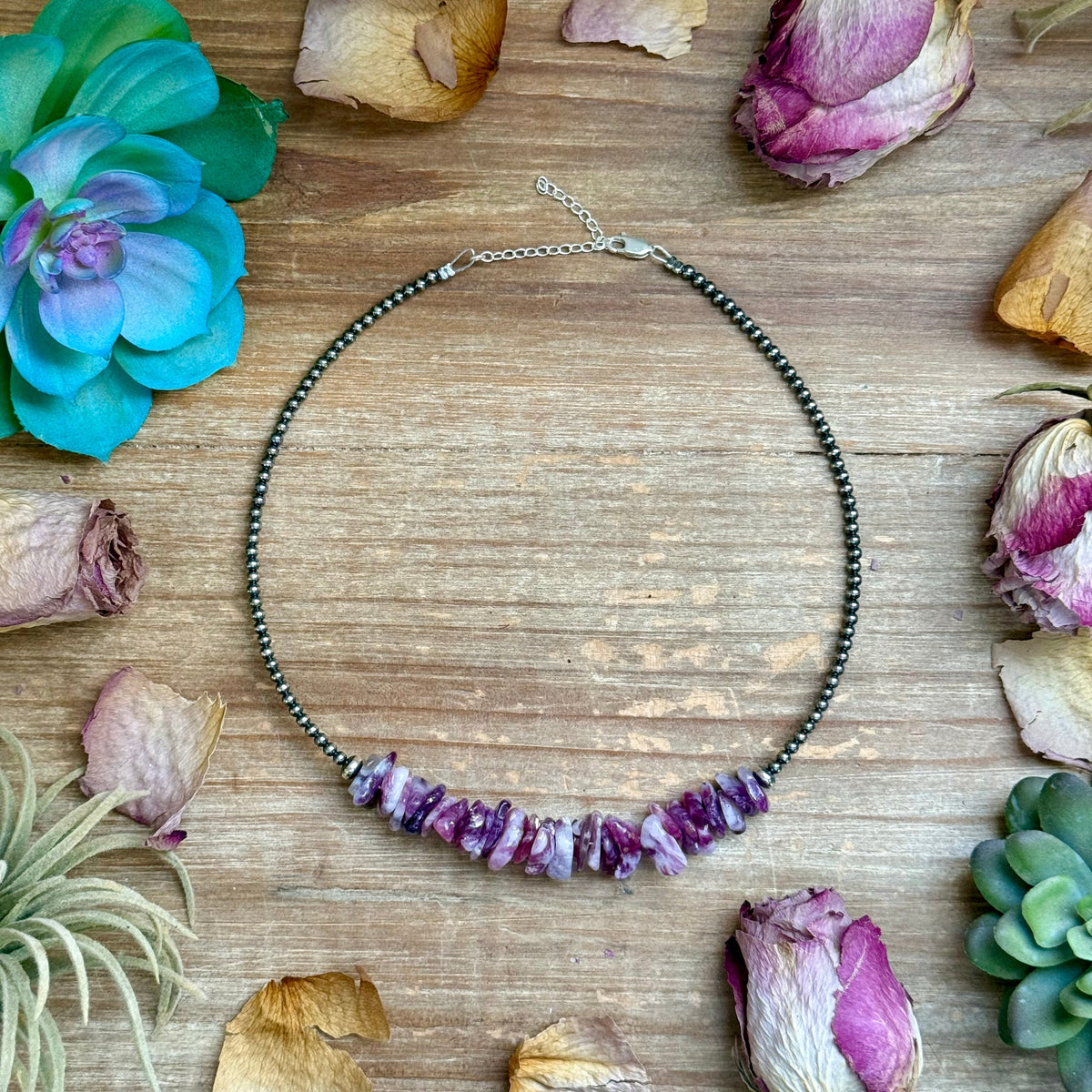 14.5” Lepidolite Necklace – 3mm Sterling Silver Pearls & Saucers