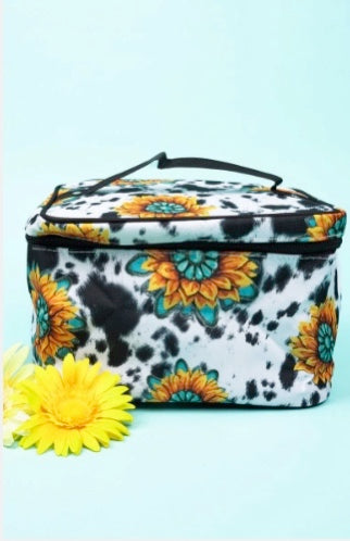 🌻 Sunflower Cow Print Travel Case – Western Cosmetic Bag