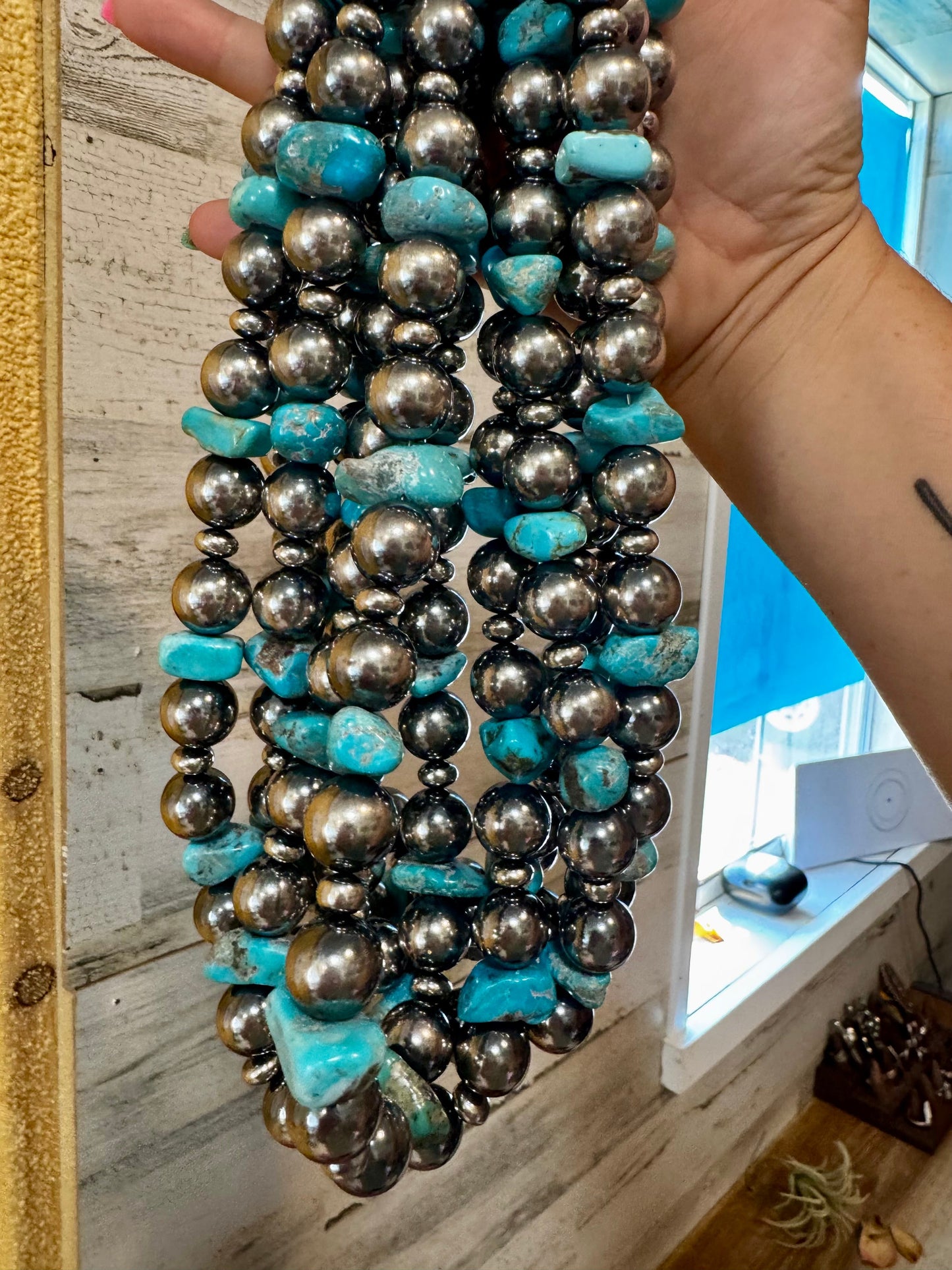 Turquoise Nugget & Sterling Silver Pearl Necklace – 21"