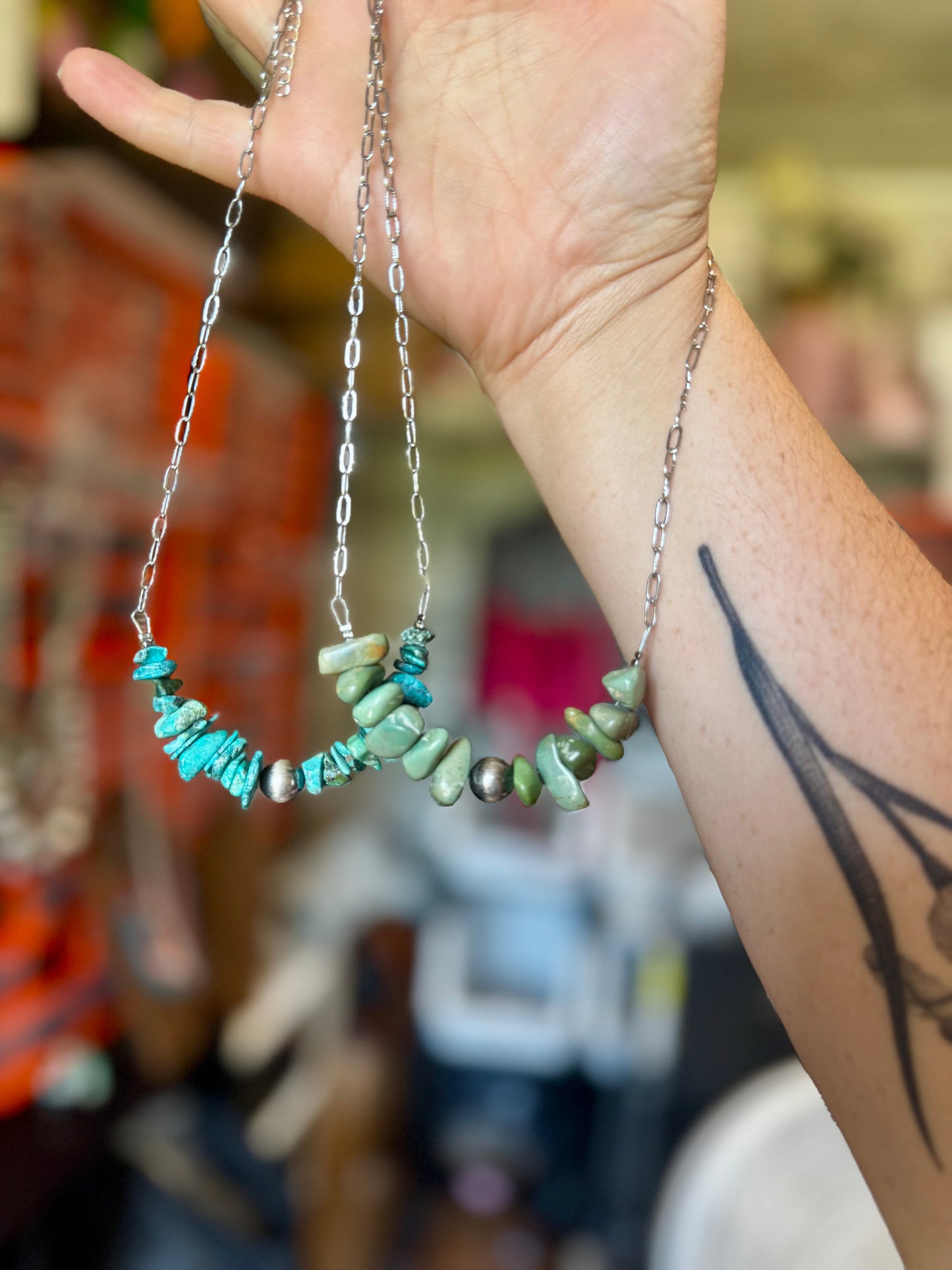 Turquoise Chip Necklace – Sterling Silver Pearl Accent – Paperclip Chain