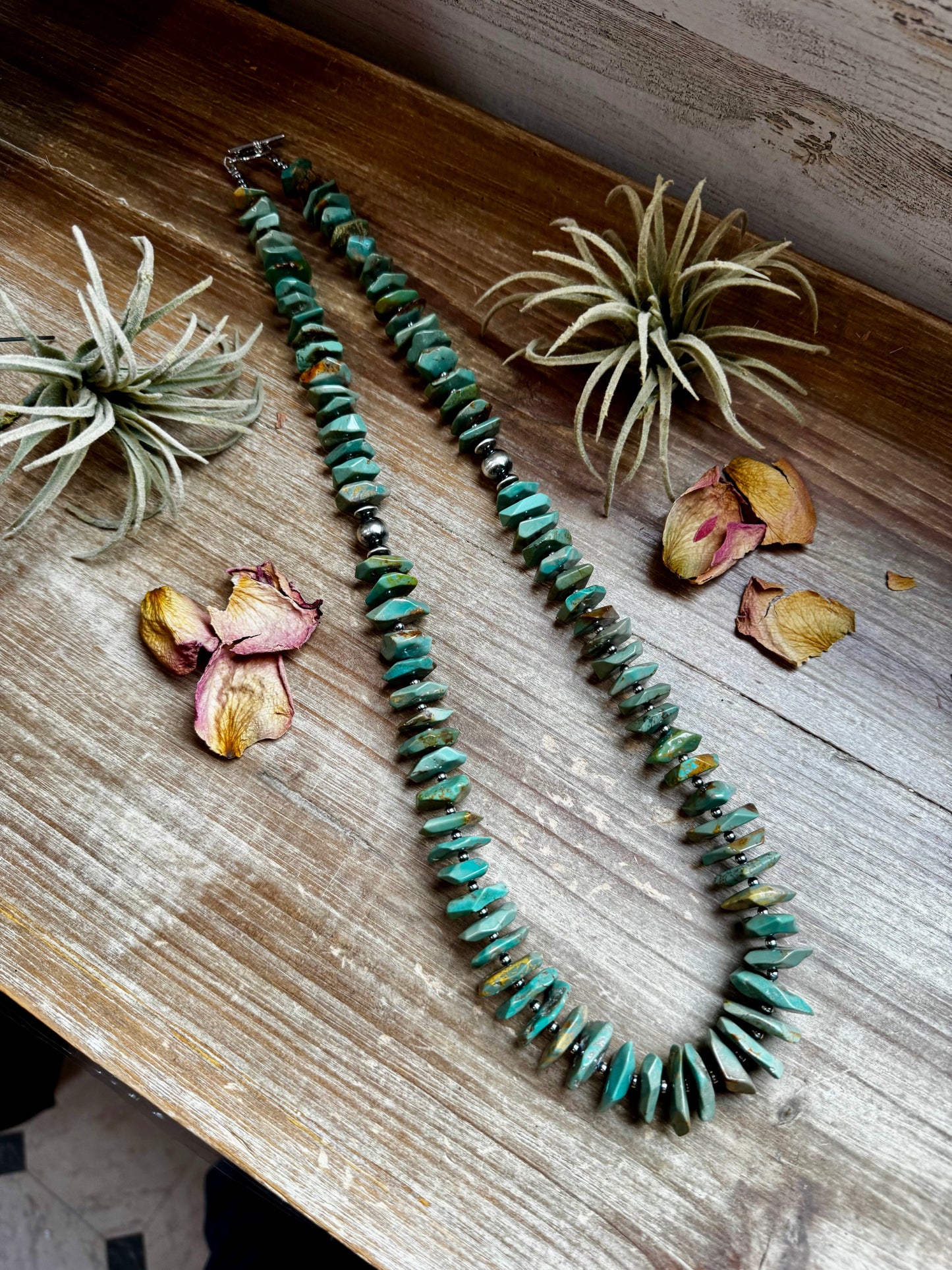28.5-Inch Faceted Freeform Turquoise Necklace with Sterling Accents – Handmade Statement Piece