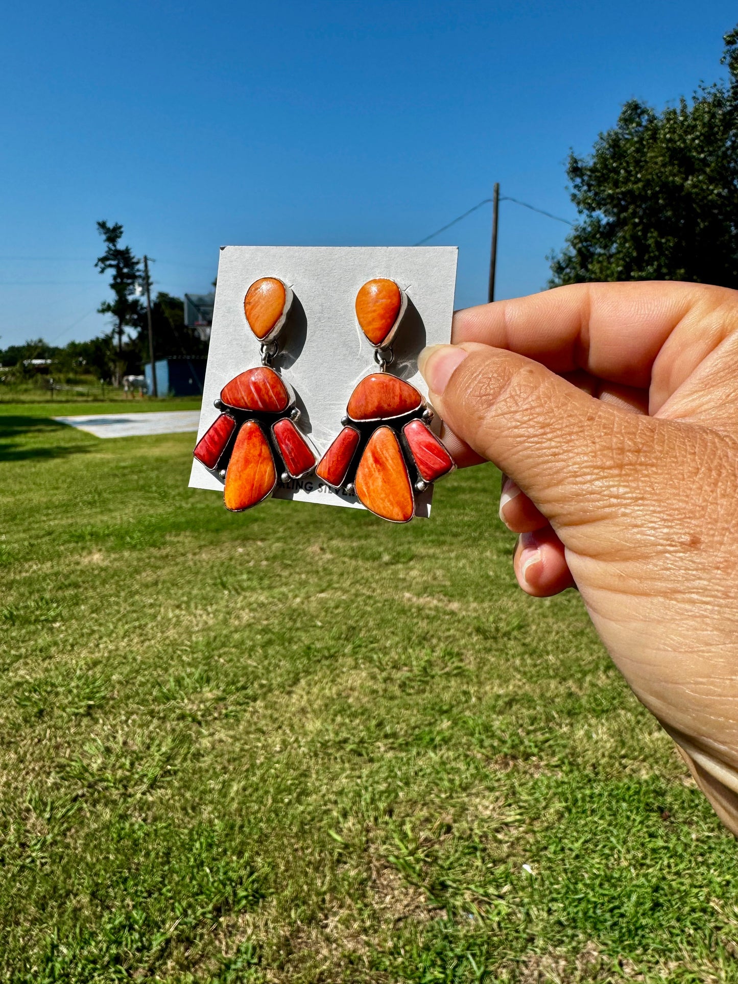 Spiny Oyster & Orange Cluster Earrings – Dangle with Stud Post
