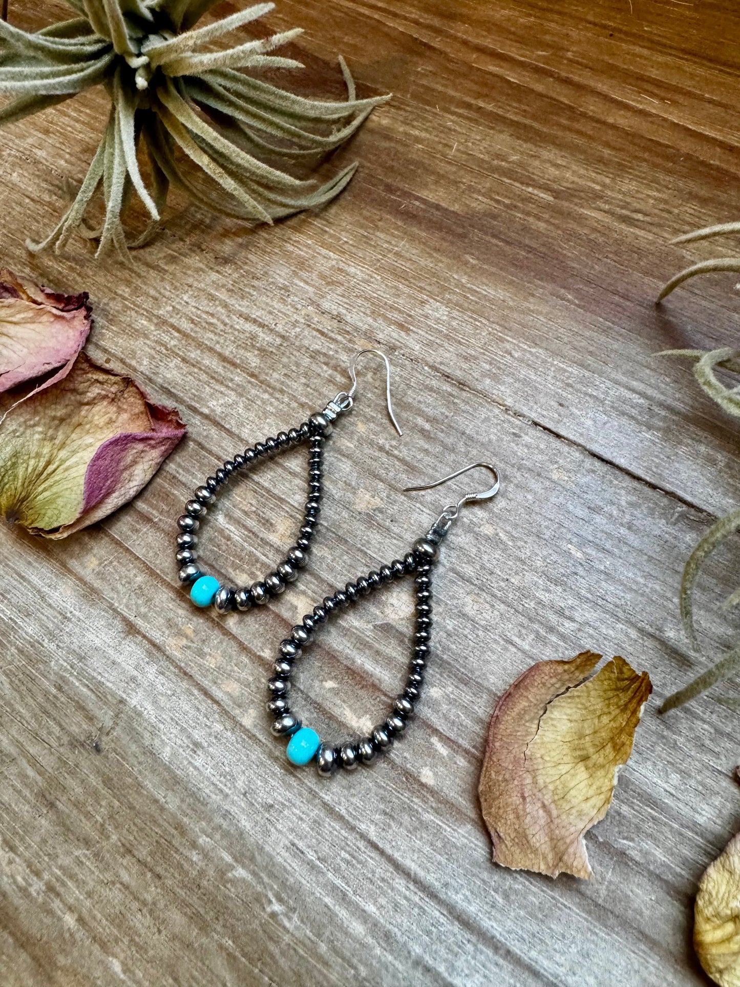 Smaller Sterling saucer Silver Pearls earrings teardrop - With Turquoise