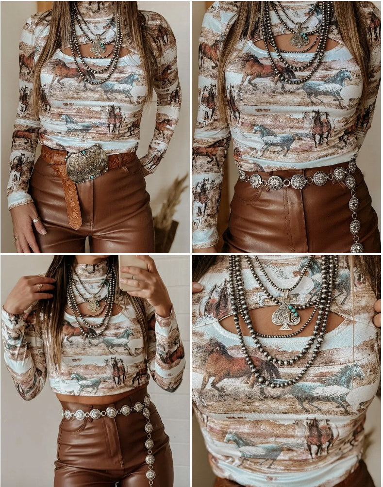Long Sleeve Horses Crop Top