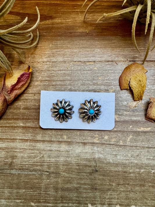 Small Sterling Silver Concho Earrings with Kingman Turquoise – Made in the USA