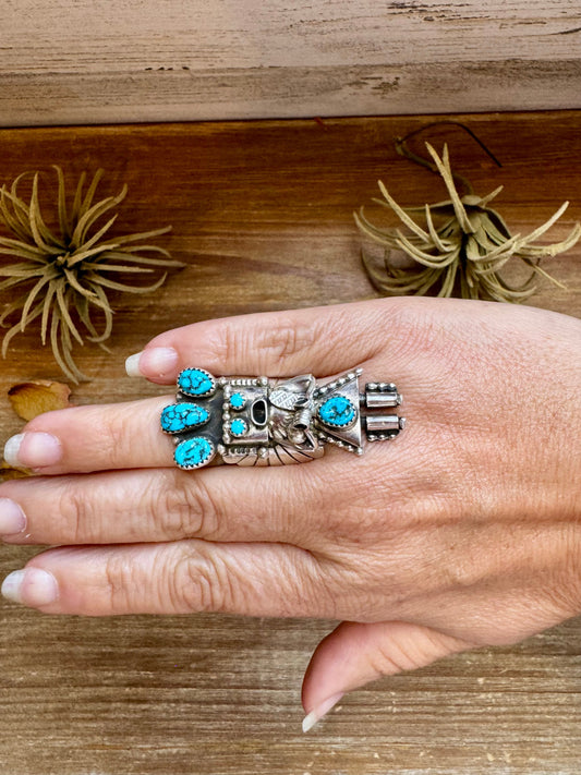 The Kachina Ring – Size 8 – Sterling Silver – Kingman Turquoise – Navajo Handmade