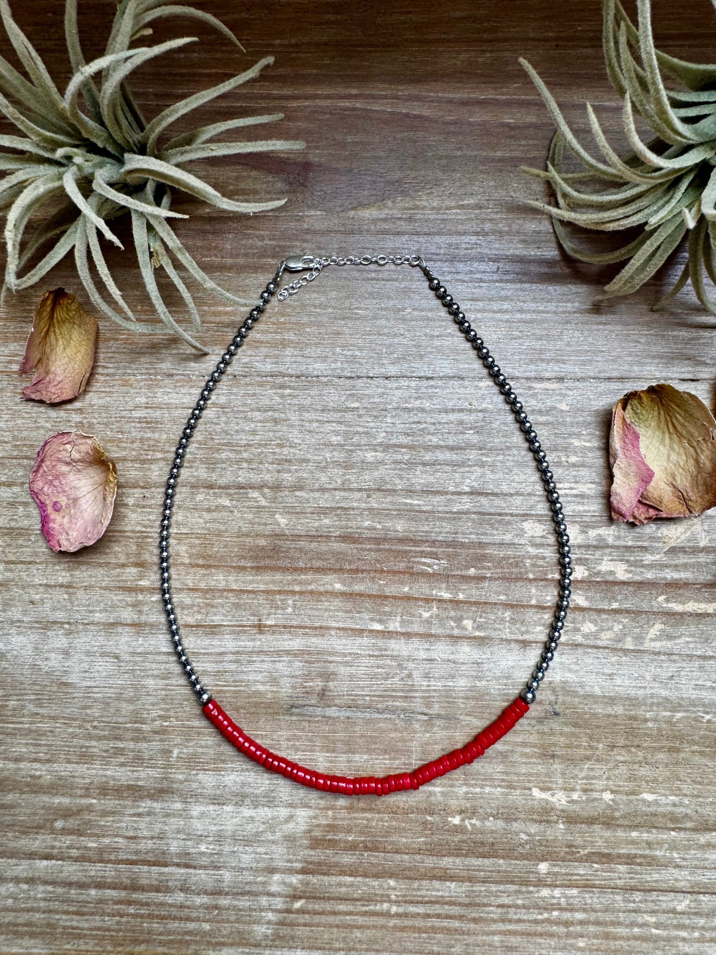 15-Inch Red Magnesite Heishi Necklace – Sterling Silver Pearls, Handmade