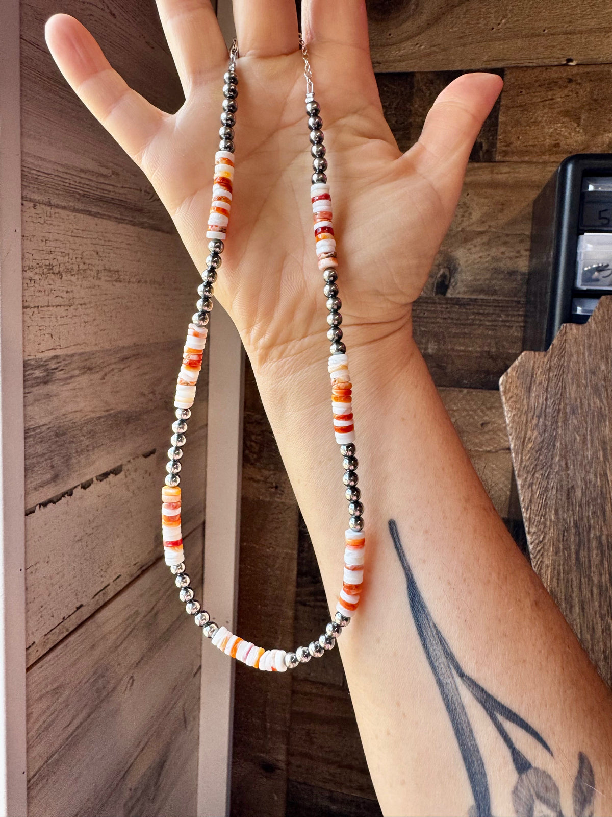 17-Inch Sterling Silver Pearl & Spiny Oyster Necklace
