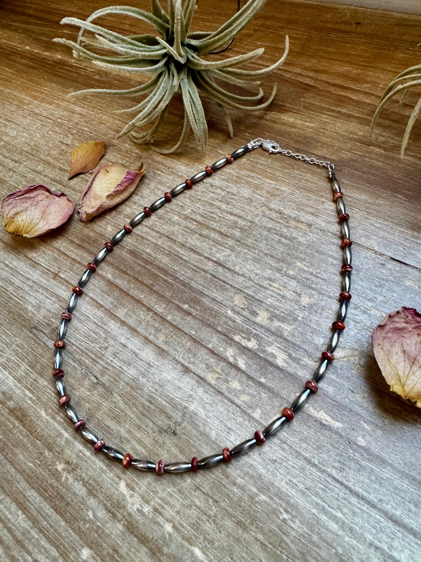 14-Inch Sterling Silver Torpedo & Spiny Oyster Heishi Choker