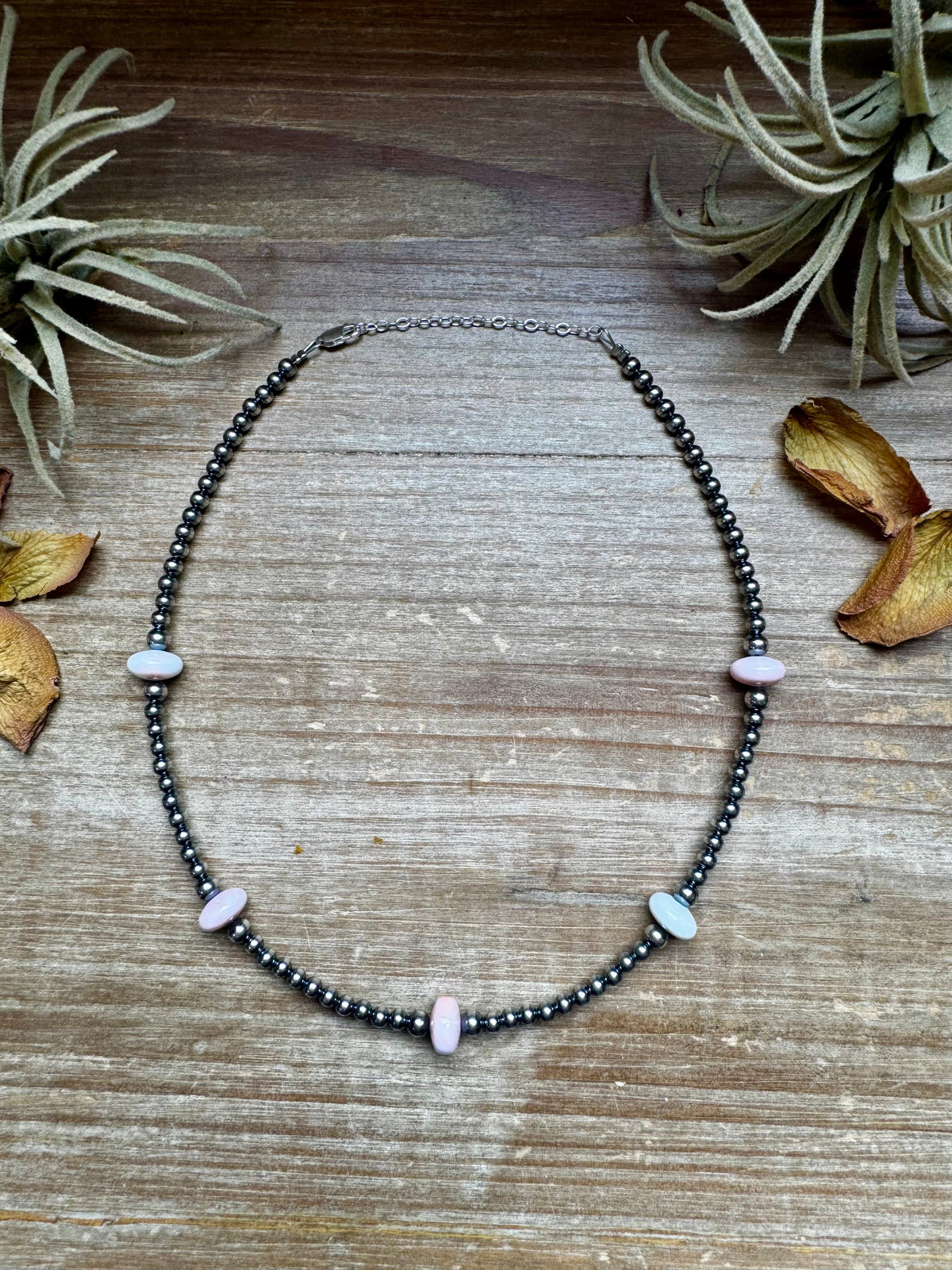 15 Inch Pink Conch Saucer Necklace and Sterling Silver Beads
