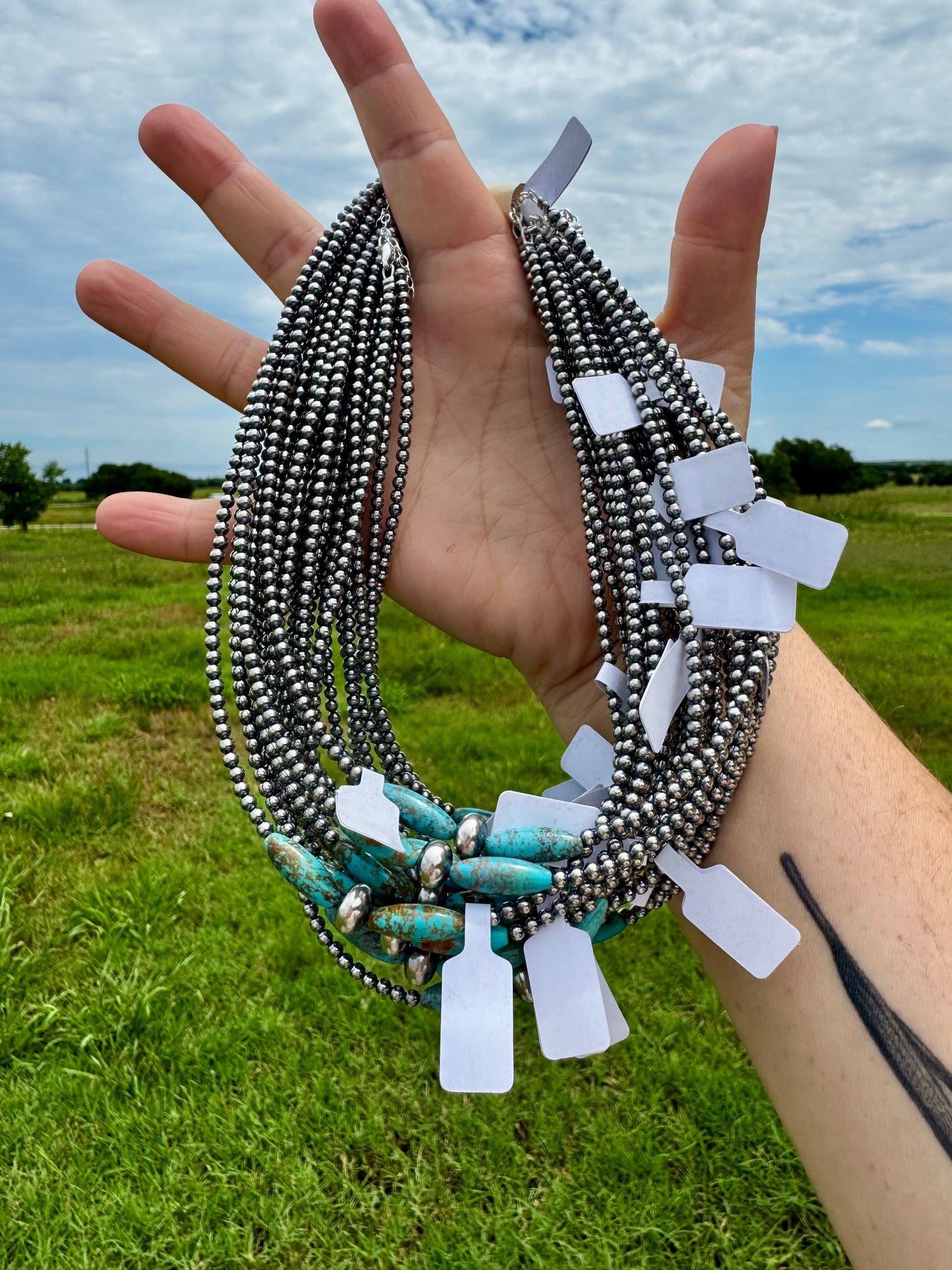 15-Inch Sterling Silver Pearl & Blue Turquoise Torpedo Choker