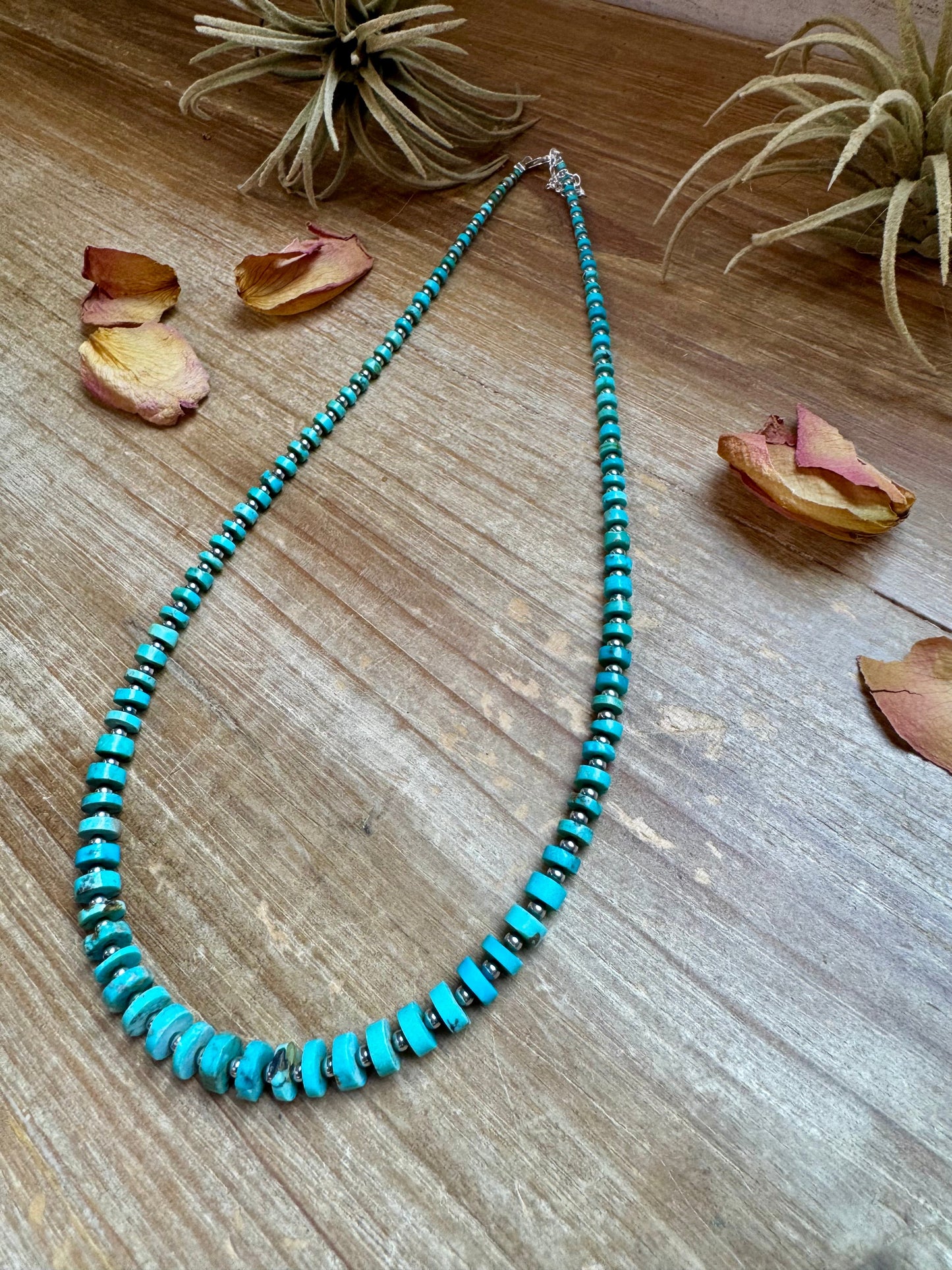20.5-Inch Graduated Turquoise Disk Necklace with Sterling Pearls