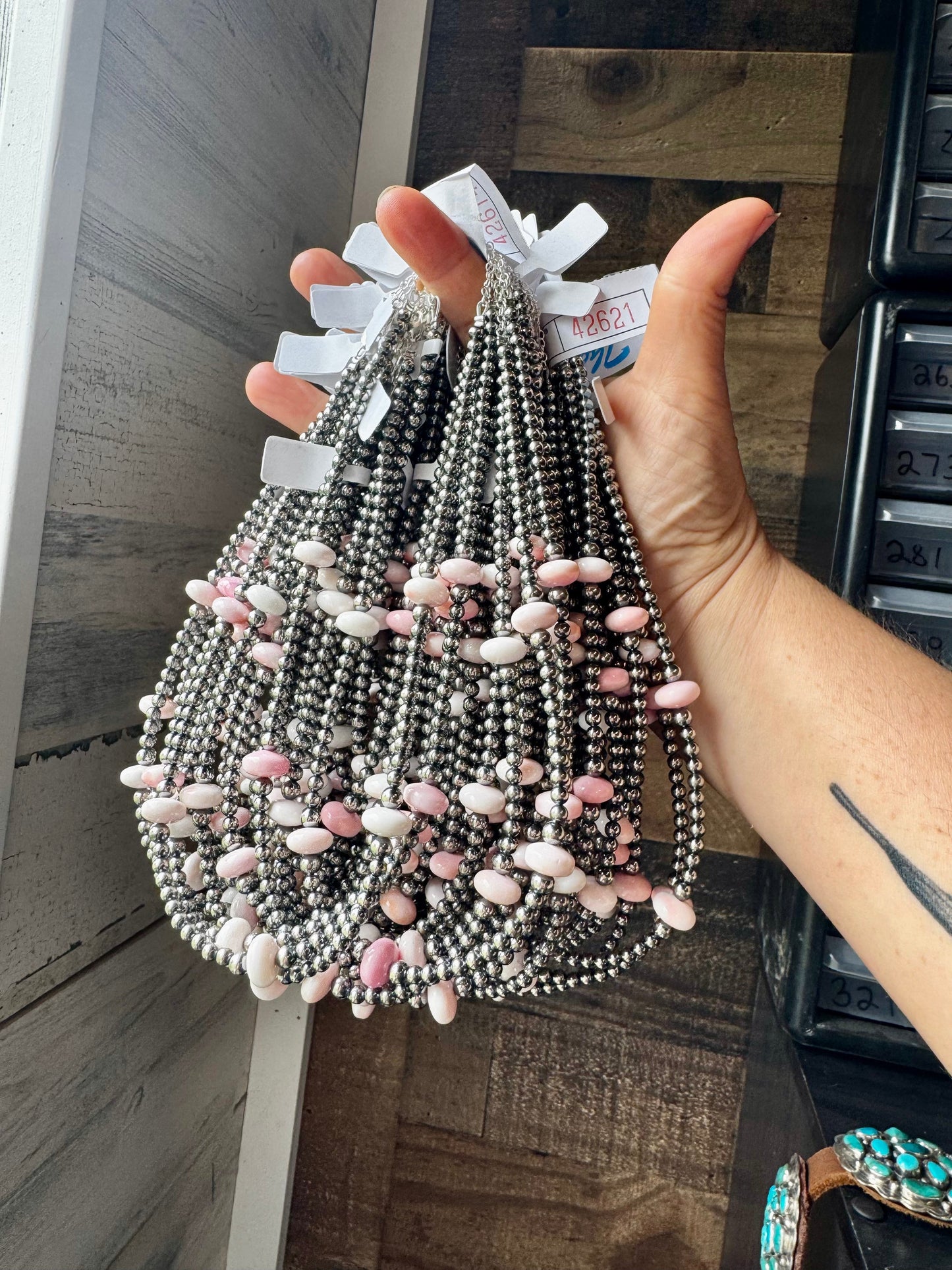 15 Inch Pink Conch Saucer Necklace and Sterling Silver Beads