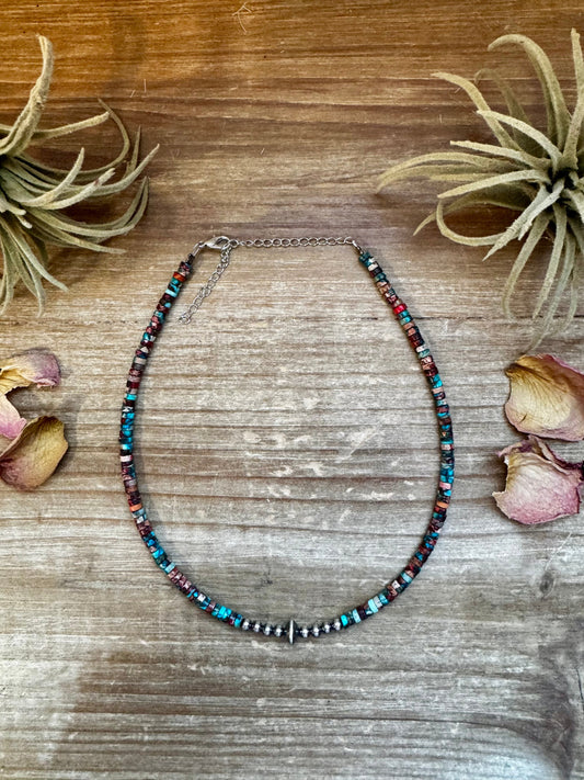 Sterling Silver Pearls choker and Pink and blue sea sediment Heishi