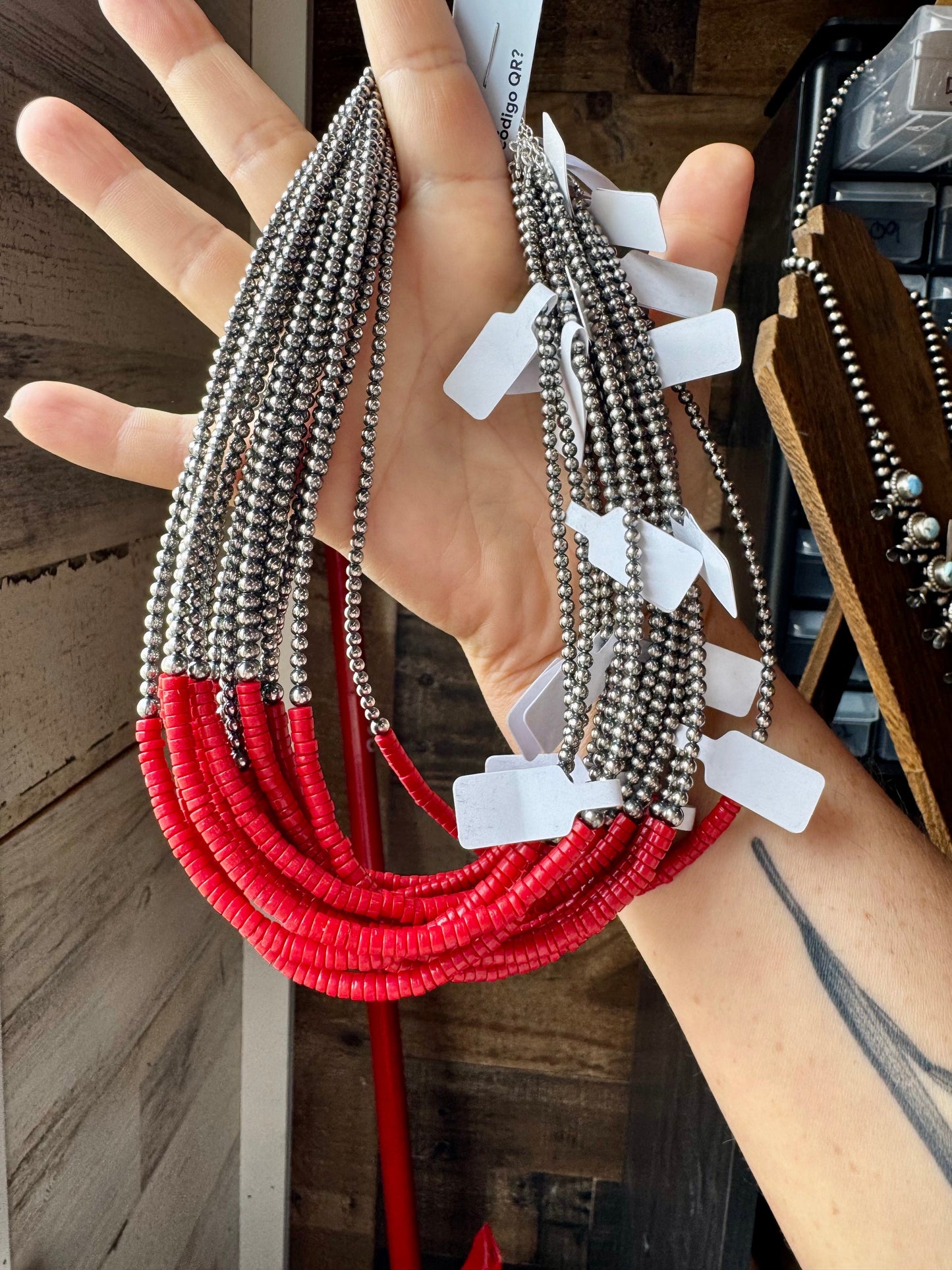 15-Inch Red Magnesite Heishi Necklace – Sterling Silver Pearls, Handmade