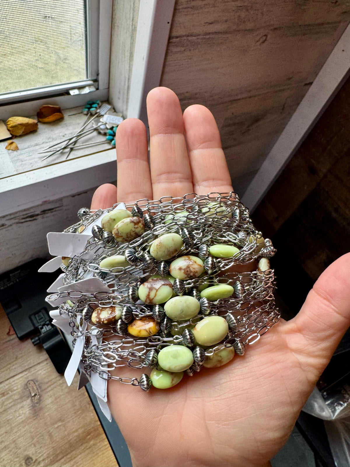 16-Inch Lemon Turquoise Magnesite Necklace with Sterling Saucer Pearls