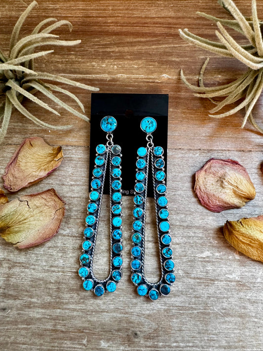 Sterling Silver Long Teardrop Earrings with Kingman Turquoise – 4 Inch, Post Style, USA Made