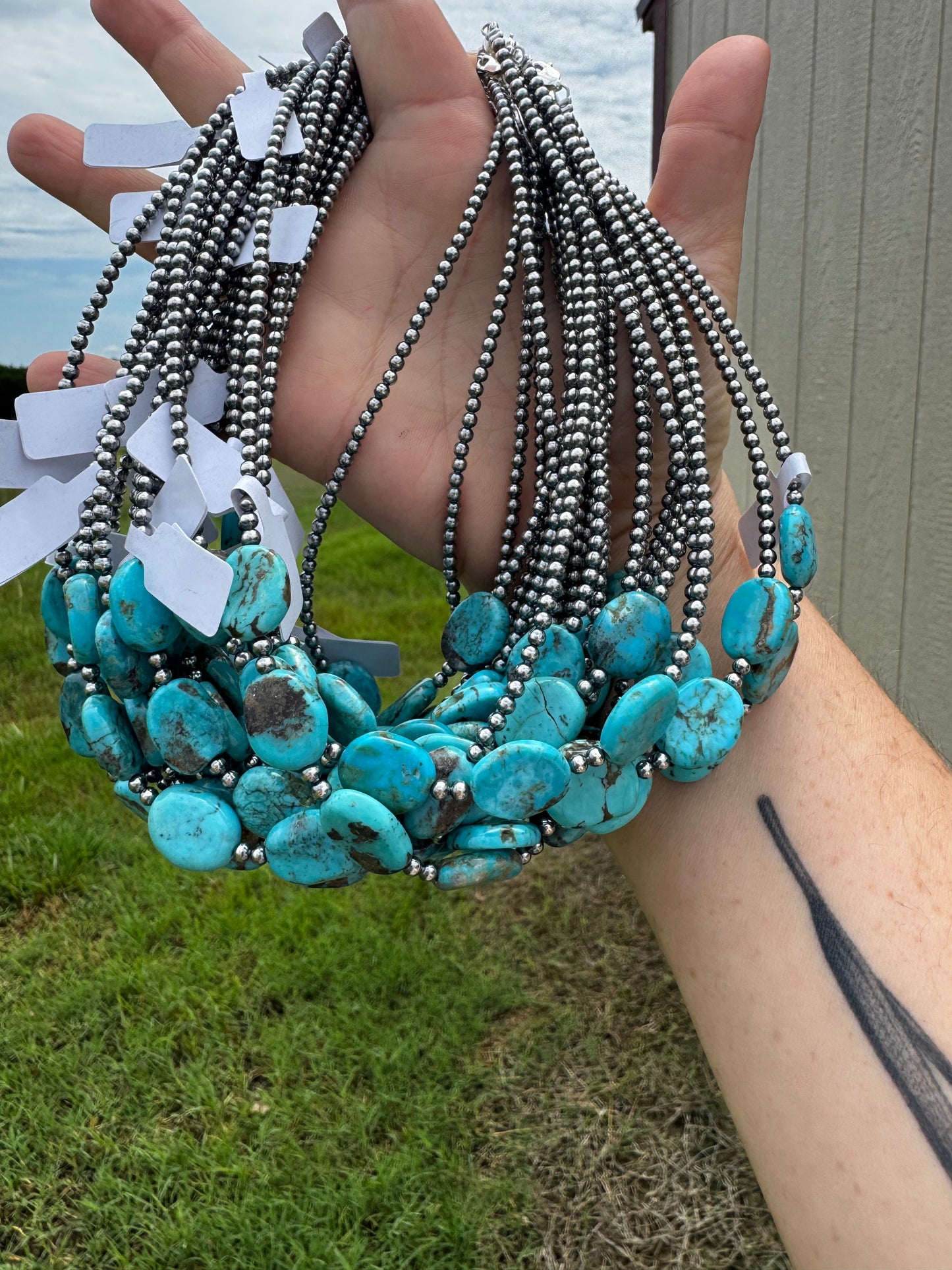 15-Inch Flat Blue Turquoise & Sterling Silver Pearl Choker