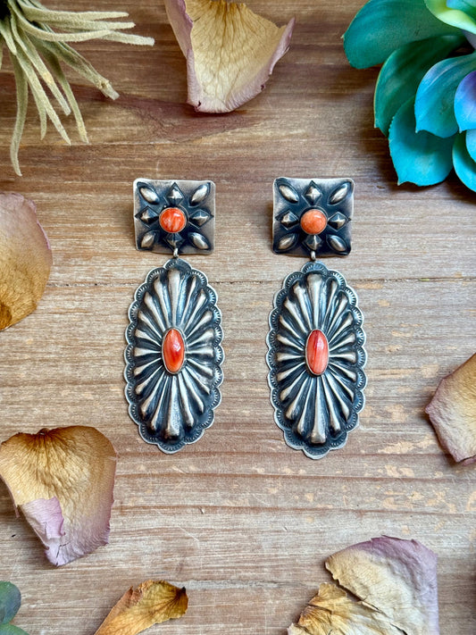 Sterling Silver Orange Spiny Oyster Dangle Earrings – Handmade by Navajo Artist Rita Lee