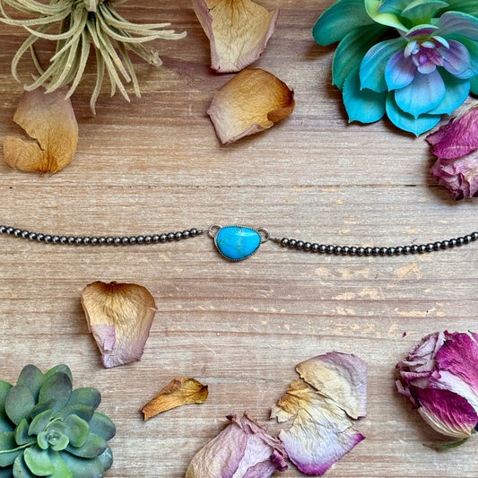 Sterling Silver & Turquoise Choker – 13” + Extender – 4 mm Pearls – Handmade In-House