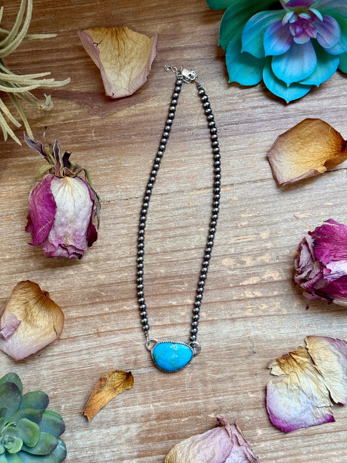 Sterling Silver & Turquoise Choker – 13” + Extender – 4 mm Pearls – Handmade In-House