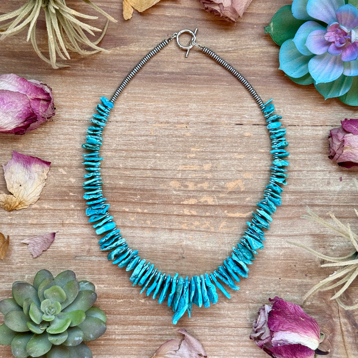 Blue Turquoise & Silver Hematite Necklace – 18”