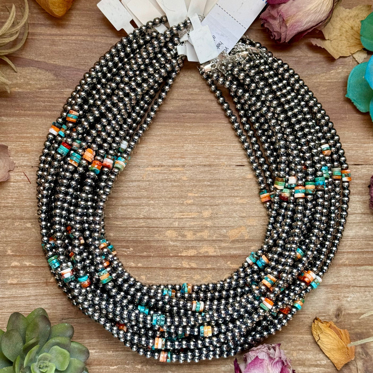 Mixed Turquoise & Spiny Oyster Heishi Necklace – 19”