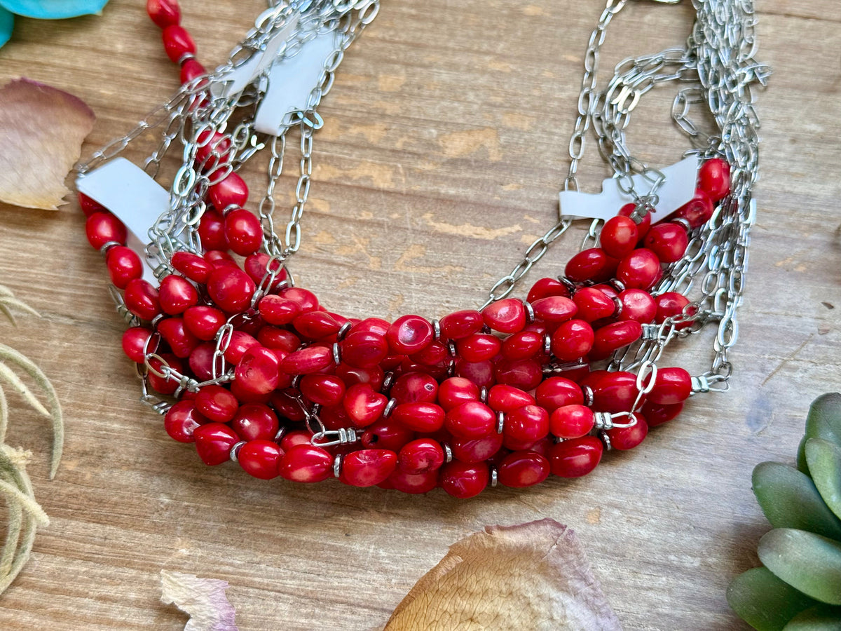 Silver-Plated Paperclip Chain Necklace with Dyed Coral & Hematite – 15”