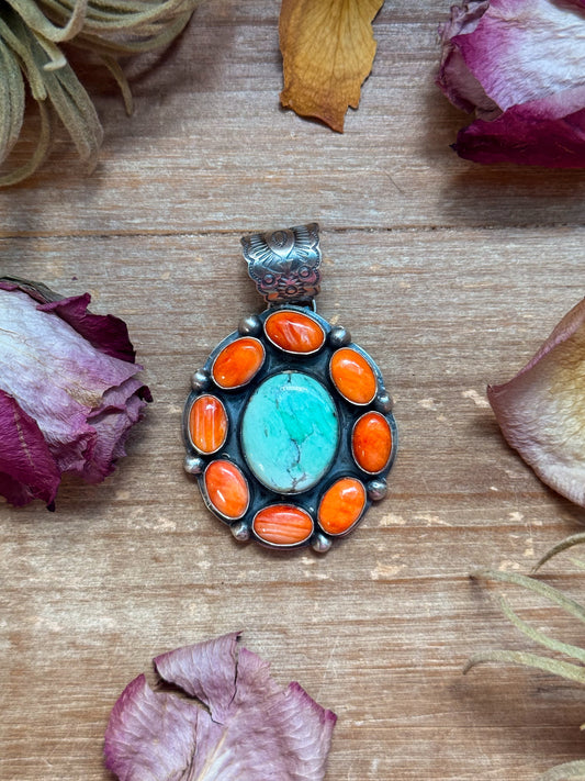 Spiny Oyster & Emerald Rose Sterling Silver Pendant