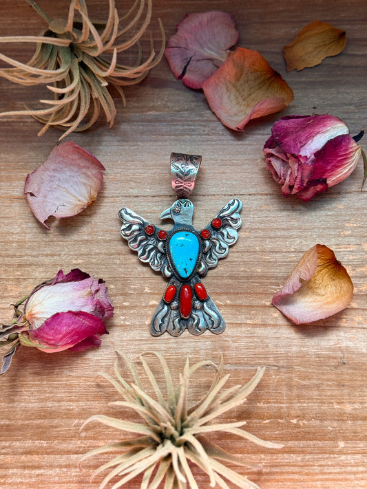 Thunderbird Pendant – Red Coral & Turquoise – Stamped Richard Yazzie