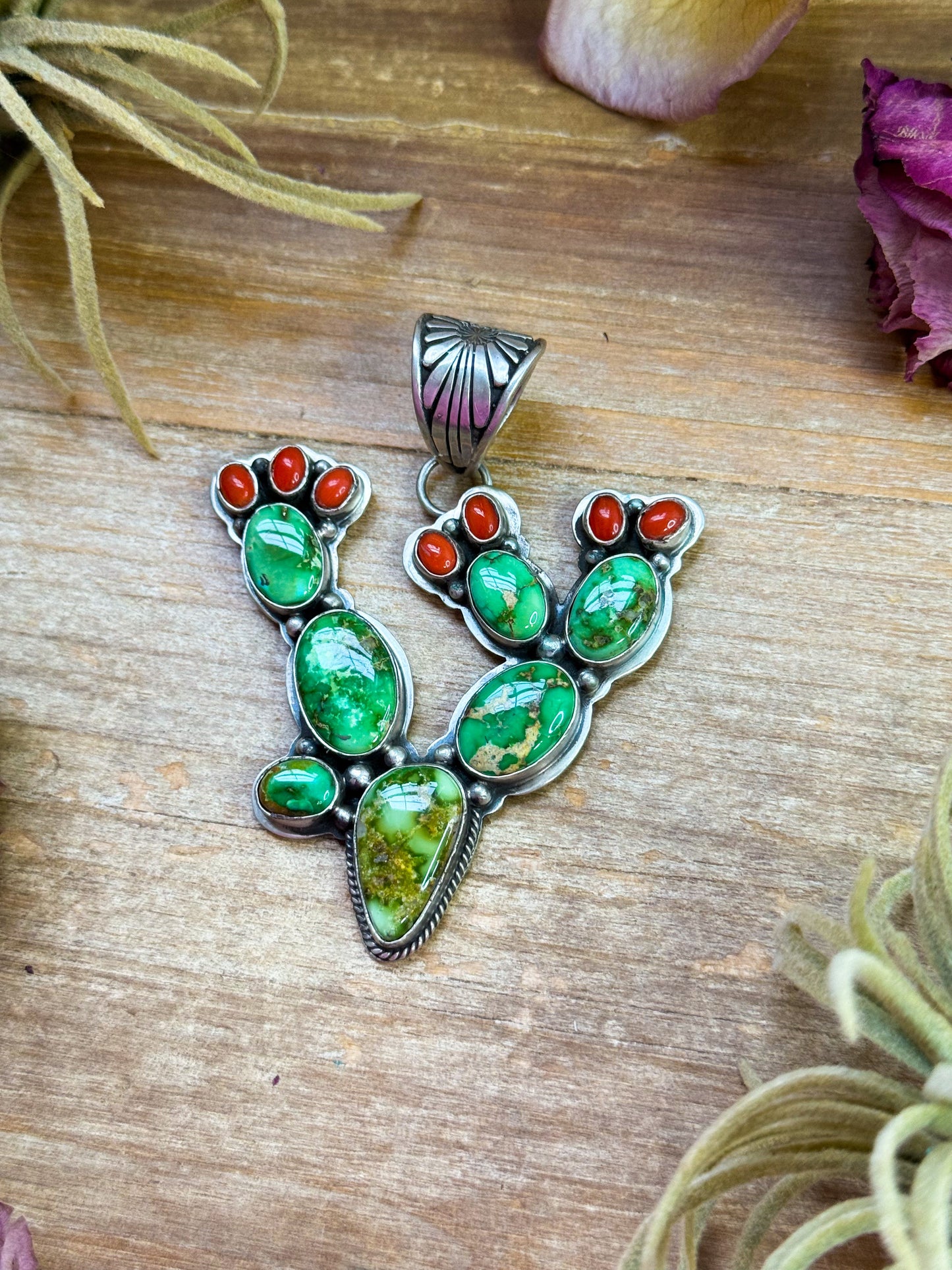 Sterling Silver Cactus Pendant with Sonoran Turquoise & Coral – Native Made by Charles Johnson