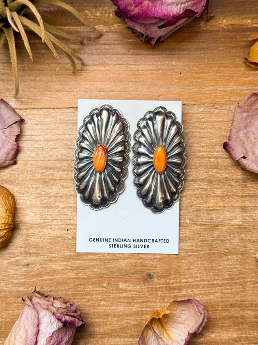 Sterling Silver Concho Earrings with Spiny Oyster – Native Made by Rita Lee