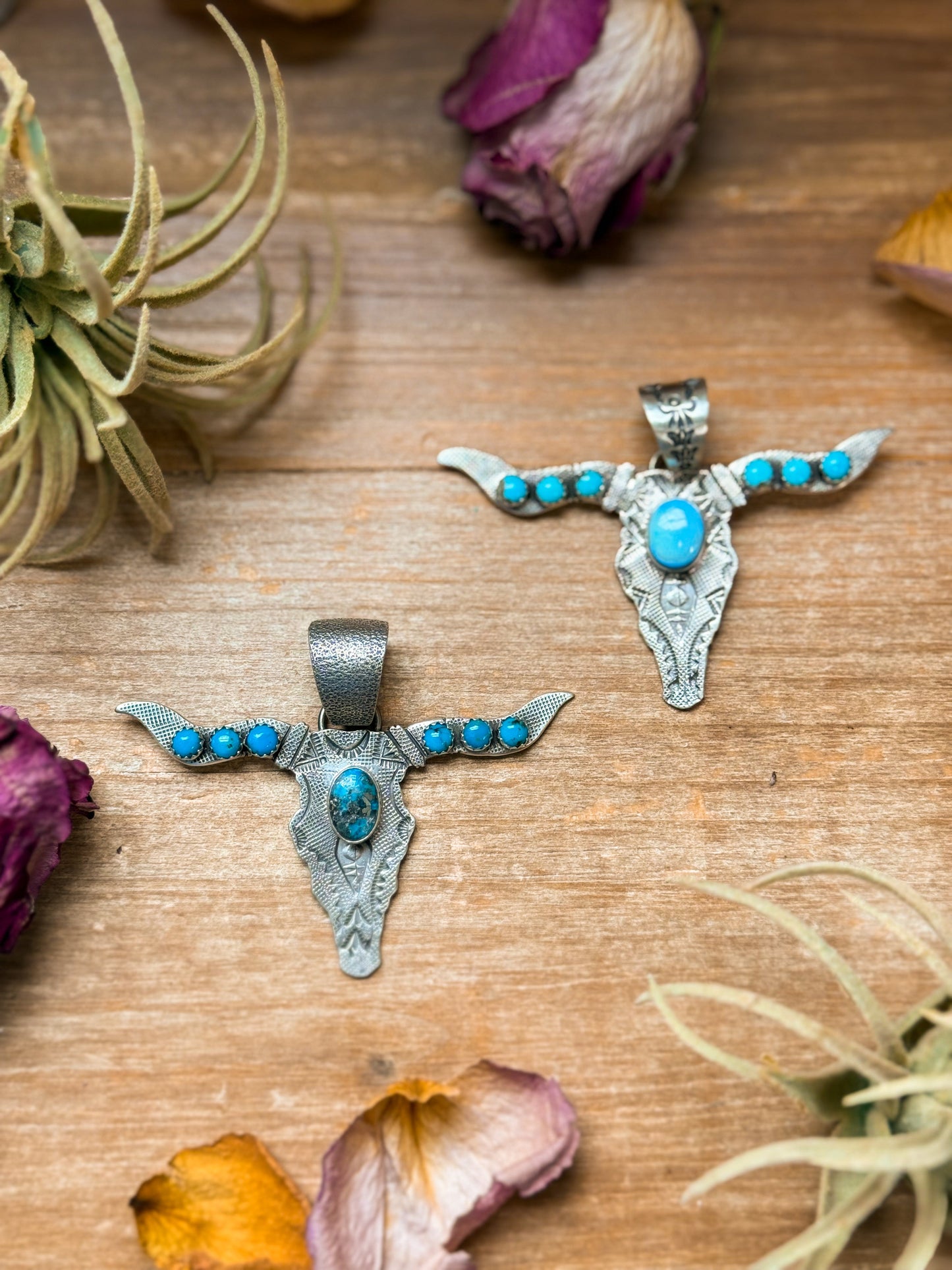 Sterling Silver Longhorn Pendant with Golden Hill Turquoise – Native Made by Leroy James (Navajo Artist)
