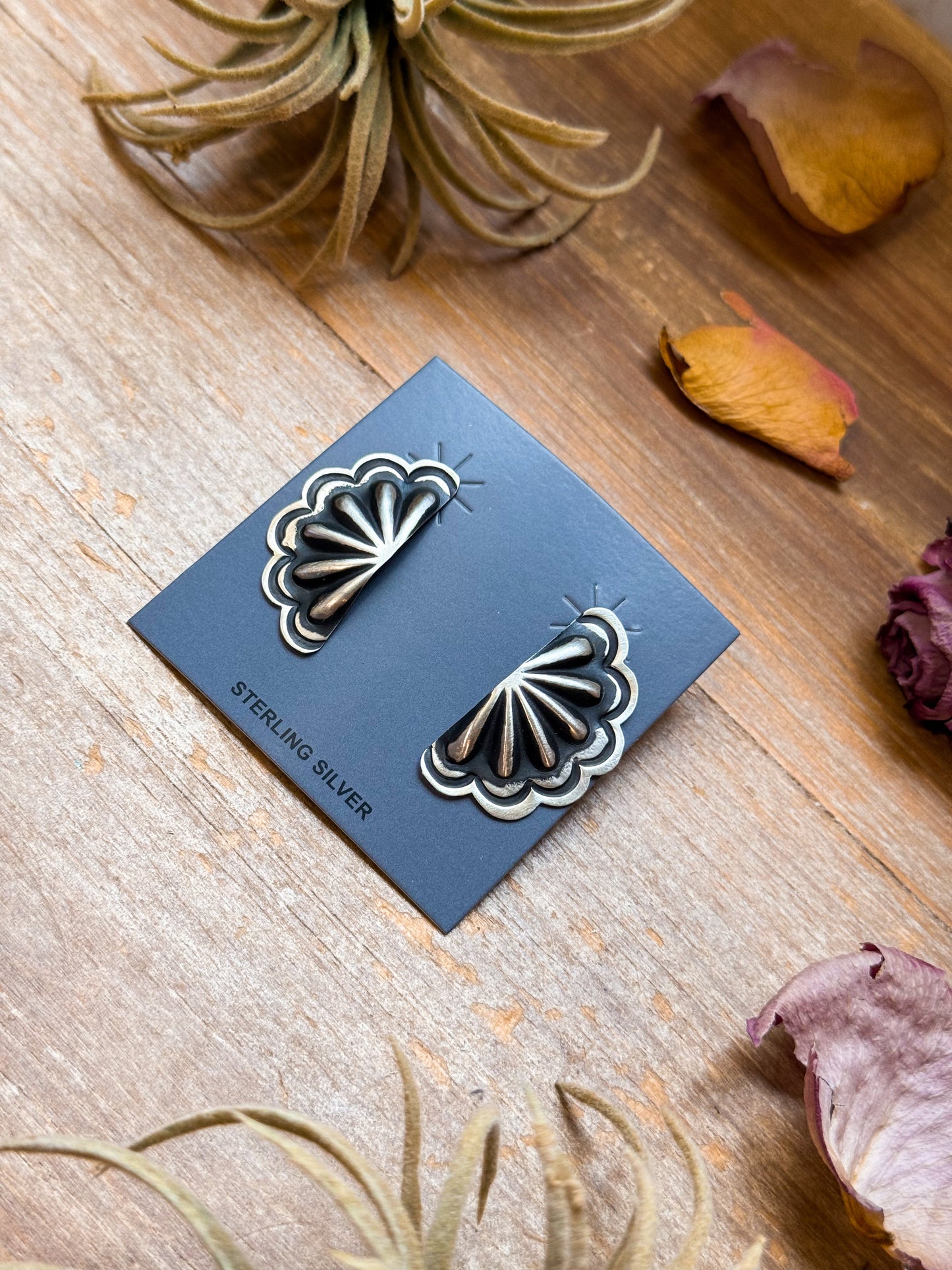 Sterling Silver Half Cluster Concho Earrings – Native Made by L. Tahe (Navajo Artist)