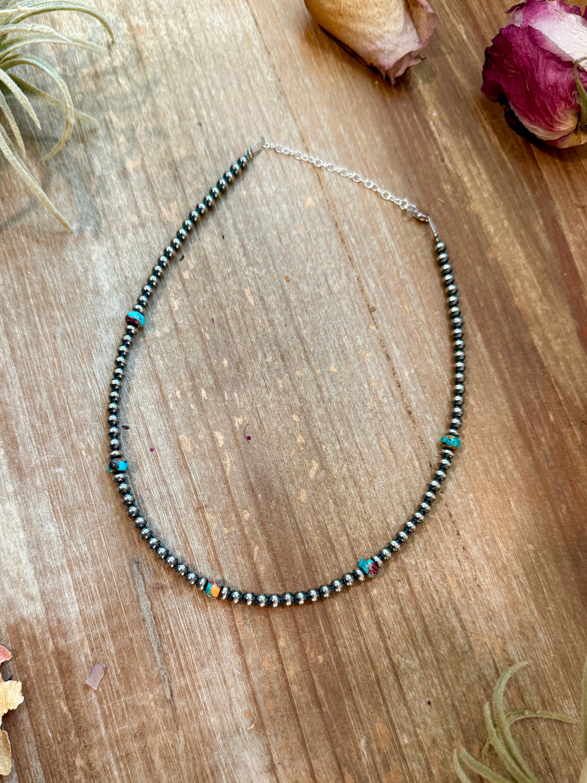 Mohave & Sterling Silver Beaded Necklace – 4 mm Sterling + 6 mm Mohave