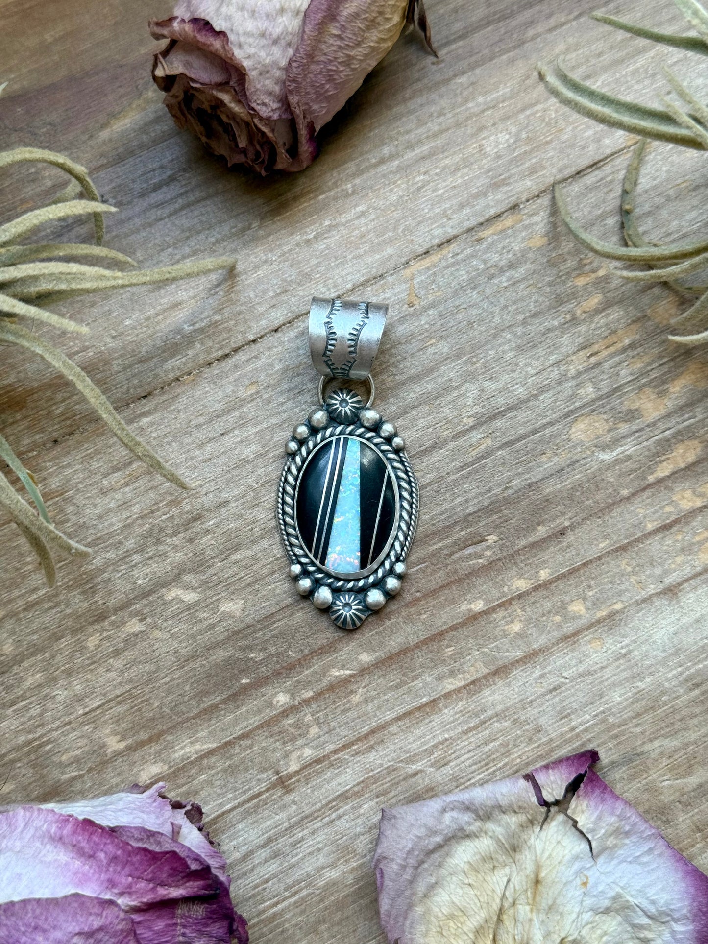 Sterling Silver Black Micarta & Lab Opal Inlay Pendant – Handmade by Artist Shay Pfeiffer