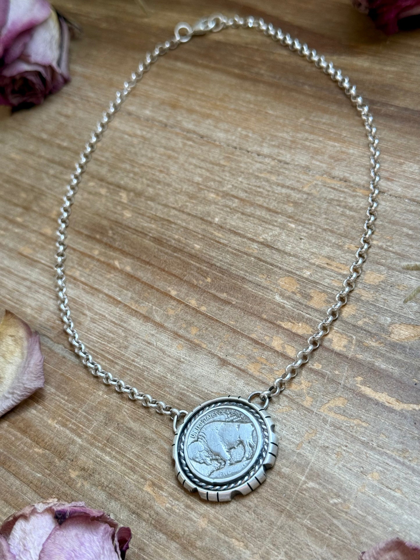 Sterling Silver Buffalo Nickel Necklace – Filed Frame Border – 18” Fixed Chain – Artist Jason Ogg