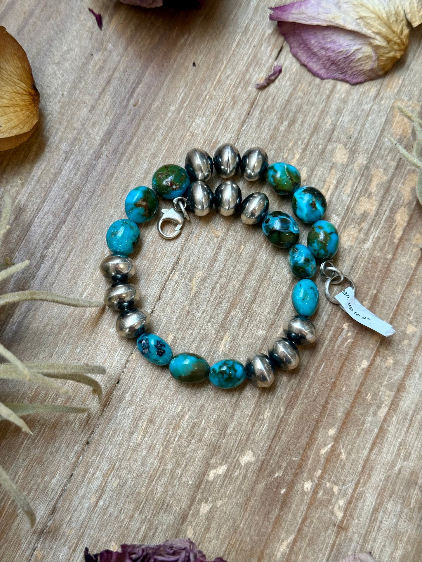 Sterling Silver Spiderweb Kingman Turquoise & Ponca Pearl Memory Wire Bracelet – Fits Up to 9” Wrist – Artist Jason Ogg