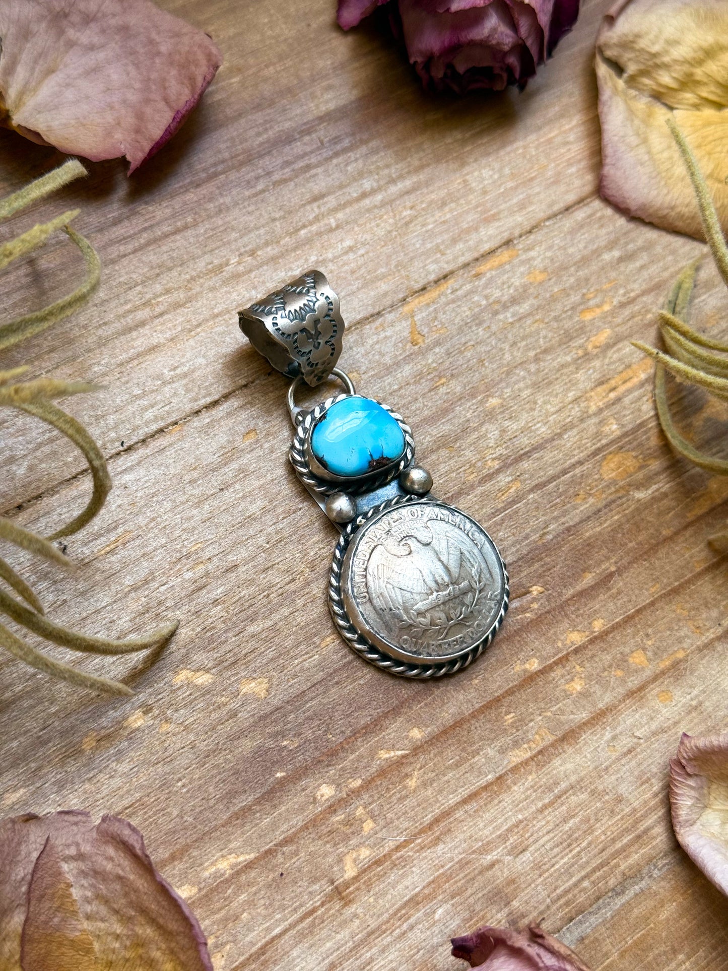 Sterling Silver Coin & Golden Hill Turquoise Pendant – Artist Gilbert Nez