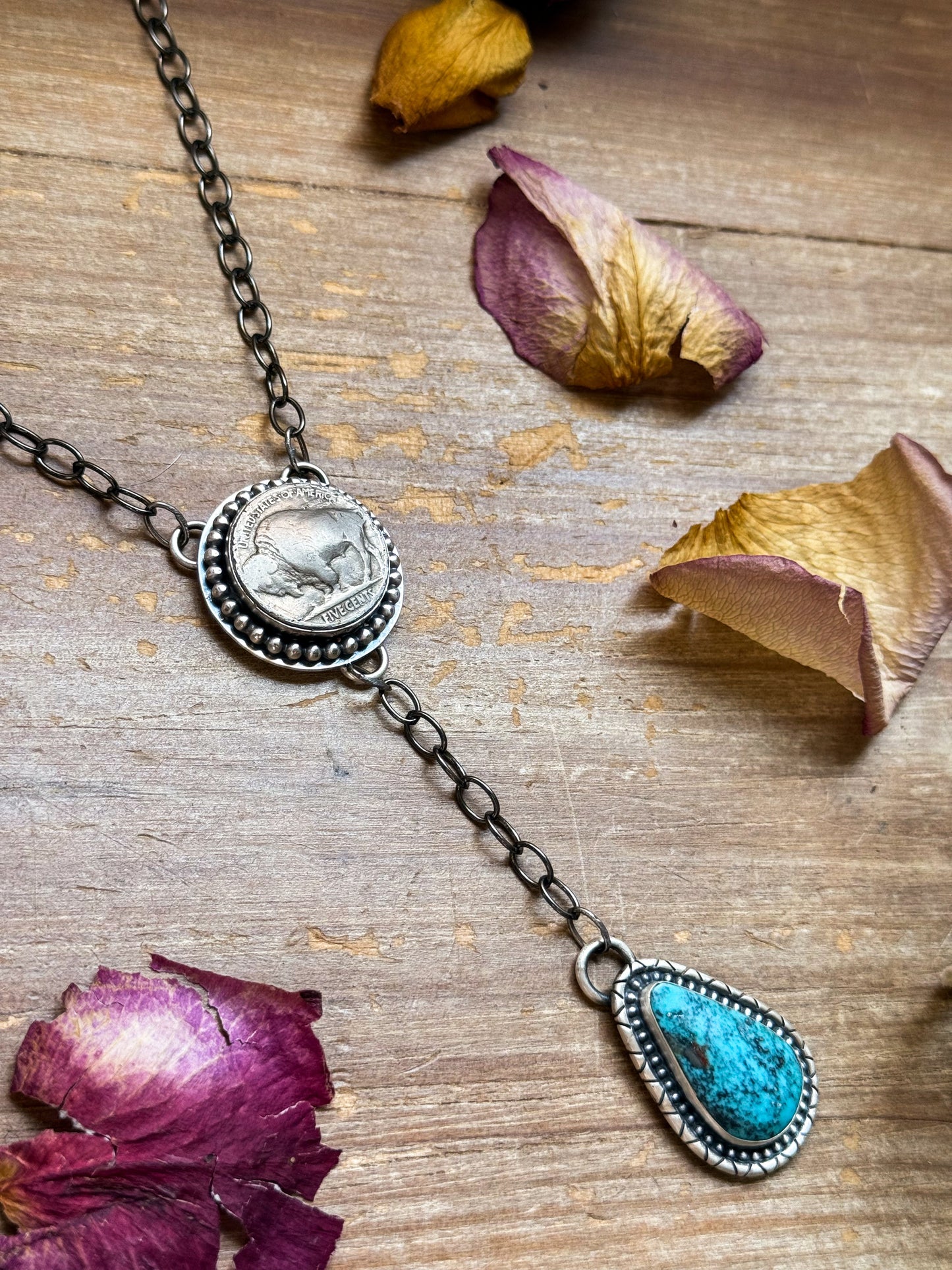 Sterling Silver Buffalo Coin & Kingman Turquoise Lariat Necklace – 18” – Artist Gilbert Nez