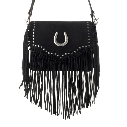 Myra Lucky Charm Leather Bag for Women in black with fringe and horseshoe detail
