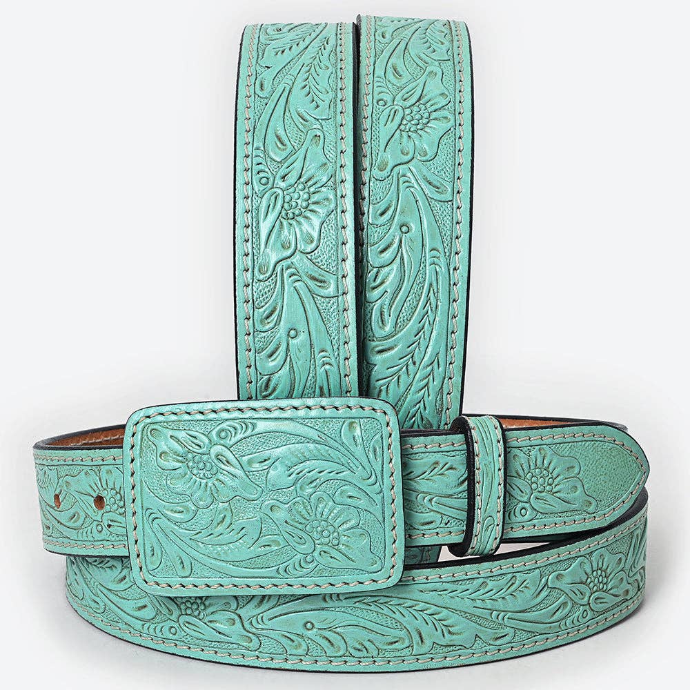 American Darling Aqua Turquoise Hand-Tooled Leather Belt with Floral Design